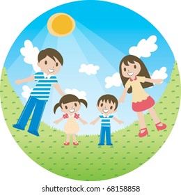 Enjoy Picnic and Happy Days background with blue sky and white cloud - smiling parents and young children with bright sunshine in green field on summer vacation