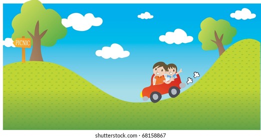 Enjoy Picnic and Happy Days background with blue sky and white cloud - driving smiling and young man and child with green field in red car on summer vacation