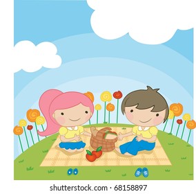 Enjoy Picnic and Happy Days background with blue sky and white cloud - playing smiling and lovely young children with food for lunch in green field on spring vacation