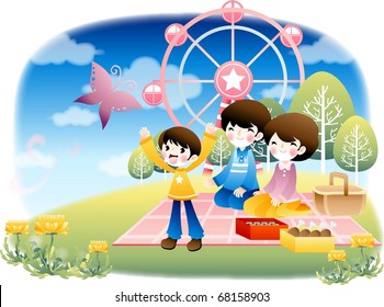 Enjoy Picnic and Happy Days background with blue sky and cloud - playing smiling and lovely young people with food for lunch in green field on spring vacation