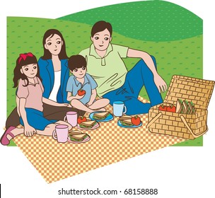 Enjoy Picnic and Happy Days on a background of green field - smiling parents and lovely young children with food for lunch on summer vacation