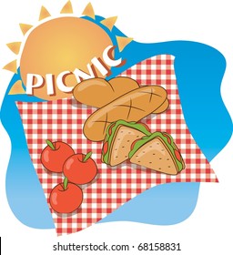 Enjoy Picnic and Happy Days - sun and sweet food for lunch isolated on blue background