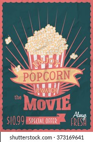 Enjoy popcorn and watch the movie. Poster design template with popcorn bucket. Crumpled paper effects can be easily removed.