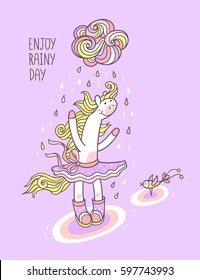 Enjoy rainy day. Sweet little pony in tutu skirt and rain boots and funny bird take a shower of rain. Cute character for kids design. Perfect for greeting cards, posters, textile prints. 