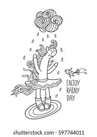 Enjoy rainy day. Sweet little pony in tutu skirt and rain boots and funny bird take a shower of rain. Cute animal character for kids design. Black and white illustration perfect for coloring book.