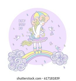 Enjoy rainy day. Sweet little pony in tutu skirt and rain boots with umbrella is standing under a shower on the rainbow and funny bird fly to her. Cute animal character for kids season design. 
