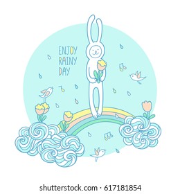 Enjoy rainy day. White little rabbit stands under a shower on rainbow above the curly clouds with tulip and funny birds fly around and sing. Cute animal character and elements for kids season design. 