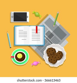 Enjoy reading (flat designed book,newspaper,tea and cookies)