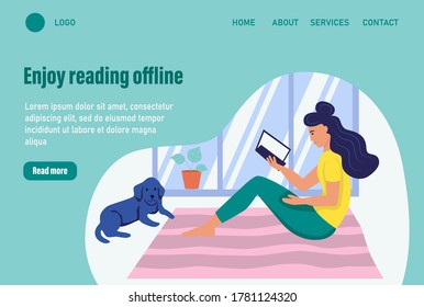 Enjoy reading offline. Website homepage landing web page template. A young woman reads a book. The concept of daily life, everyday leisure and work activities. Flat cartoon vector illustration.