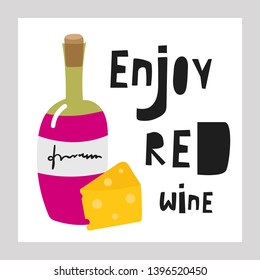 Enjoy red wine poster with glass bottle, cheese, text space. Illustration for restaurant, pub, wine tasting event
