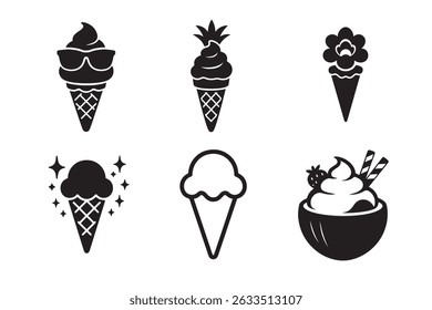 Enjoy a refreshing summer with this set of six vector ice cream cone icons! These delightful illustrations showcase various ice cream cones perfect for dessert designs. 