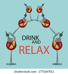 Disfrute, relájese y beba. Cócteles de alcohol vectorial brillante.