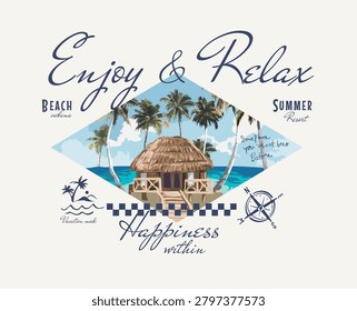enjoy and relax slogan with beach hut in diamond shape frame graphic vector illustration - hand drawn, not AI generated 