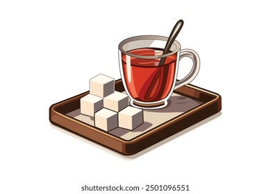 Enjoy a relaxing break with a cup of tea or coffee - flat simple vector illustration featuring a tray and sugar for a perfect moment of calm