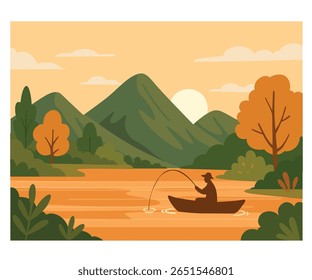 Enjoy a relaxing holiday scene with our illustration featuring a man fishing on a serene river—add calm and beauty to your background collection!