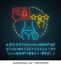 Enjoy result neon light icon. Cosmetic procedure. Plastic surgery center. Liposuction. Body change. Glowing sign with alphabet, numbers and symbols. Vector isolated illustration