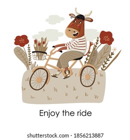 'Enjoy the Ride' Card with Cute Ox Riding Bike in CArtoon Style