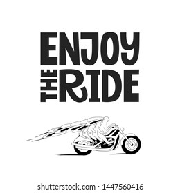 Enjoy the ride hand drawn lettering. Big rabbit family on a motorbike vector cartoon illustration. Cute bunnies travel with kids on motorcycle. Postcard, kid’s book design element.