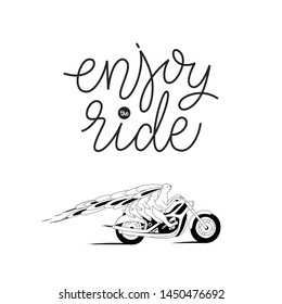 Enjoy the ride hand drawn lettering. Big rabbit family on a motorbike vector cartoon illustration. Cute bunnies travel with kids on motorcycle. Postcard, kid’s book design element.