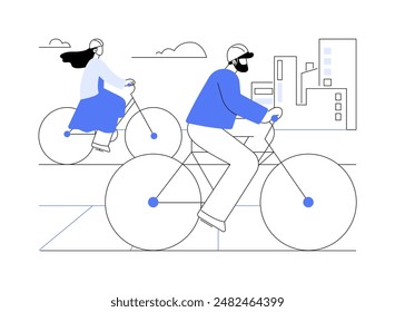 Disfruta del viaje aislado de Ilustraciones vectoriales de dibujos animados. Pareja feliz en cascos montando una bicicleta de alquiler juntos, gente estilo de vida urbano, transporte de la ciudad, actividad al aire libre Vector de dibujos animados.