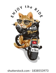 enjoy ride slogan with cute cat in sunglasses riding motorcycle illustration