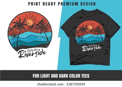 Enjoy the Riverside sunset graphic t-shirt design with palm trees, vector illustration, summer retro print