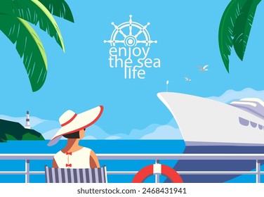 Enjoy sea life vacation holiday vector poster. Female relax in beach chair on tropical seaside view background, cruise ocean liner sailing. Holiday vacation getaway tourist travel journey illustration