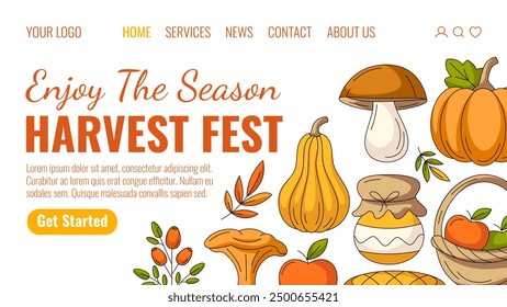 Enjoy the season, harvest fest. Colorful landing page vector template. Seasonal fall cozy elements from pumpkin, mushroom, rosehip, apple basket. For website, web, online, banner. Isolated background