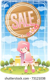 Enjoy Shopping - a pretty young girl with happy pink message(selling merchandise at a substantial reduction) on wooden board of circle with background of blue sky and green field : vector illustration