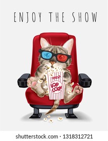 enjoy the show slogan with cat eating popcorn on theater seat illusration