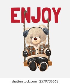 enjoy slogan with bear doll playing swing vector illustration