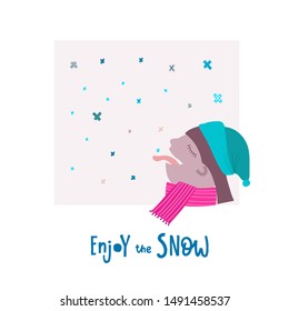Enjoy snow snowflake tongue smile Christmas simple card. Winter Holidays vector. Paper postcard graphic design element. Cute written primitive small sign. Kids drawing Children hand made cutout art