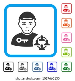 Enjoy Social Engineer vector pictograph. Human face has enjoy sentiment. Black, gray, green, blue, red, orange color additional versions of social engineer symbol inside a rounded squared frame.