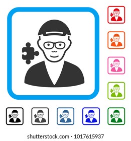 Enjoy Specialist vector pictogram. Human face has joy mood. Black, gray, green, blue, red, pink color versions of specialist symbol in a rounded rectangle. A dude wearing a cap.