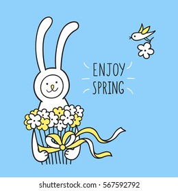 Enjoy spring greeting card. Little bunny rabbit holds a big bunch of wildflowers tied up with a gold ribbon and bowknot. Cute hand drawn animal character design and graphic elements for kids. 
