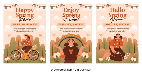 Enjoy Spring Party. Collection of invitation templates on spring party and festival. Posters with vector naive illustrations of women sitting on grass among flowers, rides on bicycle, hold rainbow. 