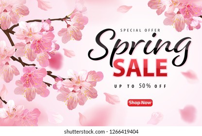 Enjoy spring sale with blooming beautiful cherry blossoms or sakura flowers background template. Vector set of exotic tropical garden for web design, voucher, brochures and banners design.