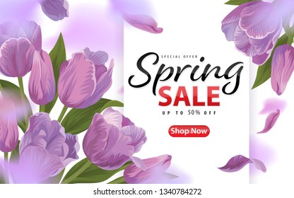 Enjoy spring sale with blooming beautiful purple tulip flowers background template. Vector set of blooming floral for web design, voucher, brochures and banners design.