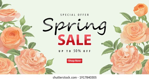 Enjoy spring sale with blooming beautiful rose flower background template. Vector set of exotic tropical garden for web design, voucher, brochures and banners design.