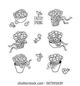 Enjoy spring. Set of hand drawn graphic elements for spring season design. Outline drawing of big bouquets of daisy and tulips, baskets and bucket of wildflowers, cute little birds on white.