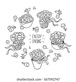 Enjoy spring. Set of hand drawn graphic elements for spring season design. Outline drawing of big bouquets of daisy and tulips, baskets and bucket of wildflowers, little birds arranged in circle.