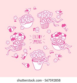 Enjoy spring. Set of hand drawn graphic elements for spring season design. Outline drawing of big bouquets of daisy and tulips, baskets and bucket of wildflowers, little birds arranged in circle.