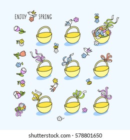 Enjoy spring. Set of hand drawn graphic elements for spring season design. Outline drawing of flower baskets with ribbons and bows, little cute birds and bees picking wildflowers.