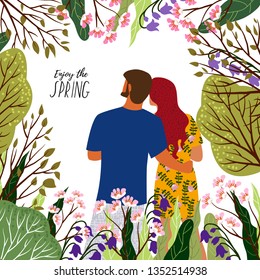Enjoy the spring. Young couple, flowers, trees in a trendy flat cute style on a white background. Vector illustration