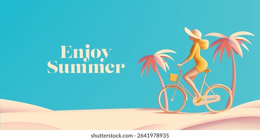 Enjoy the summer. 3D character of a young woman on a bicycle, palm trees on the beach. For concepts of recreation, travel, and active lifestyle. Vector illustration.