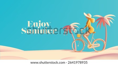 Enjoy the summer. 3D character of a young woman on a bicycle, palm trees on the beach. For concepts of recreation, travel, and active lifestyle. Vector illustration.