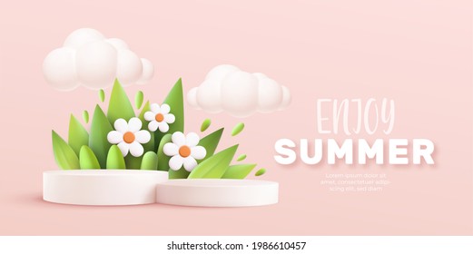Enjoy Summer 3d realistic background with clouds, daisies, grass, leaves and product podium on a pink background. Vector illustration EPS10