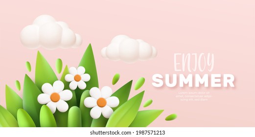 Enjoy Summer 3d realistic background with clouds, daisies, grass and leaves on a pink background. Vector illustration EPS10