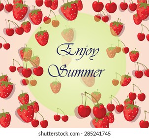 Enjoy Summer background with strawberries and cherry. Vector