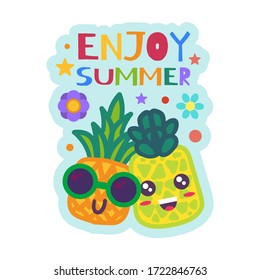 Enjoy Summer Badge Funny Pineapples in Sunglasses. Cartoon Fruits Sticker. Colorful Patch with Creative Lettering. Vector Design for Summer Party or Vacation
